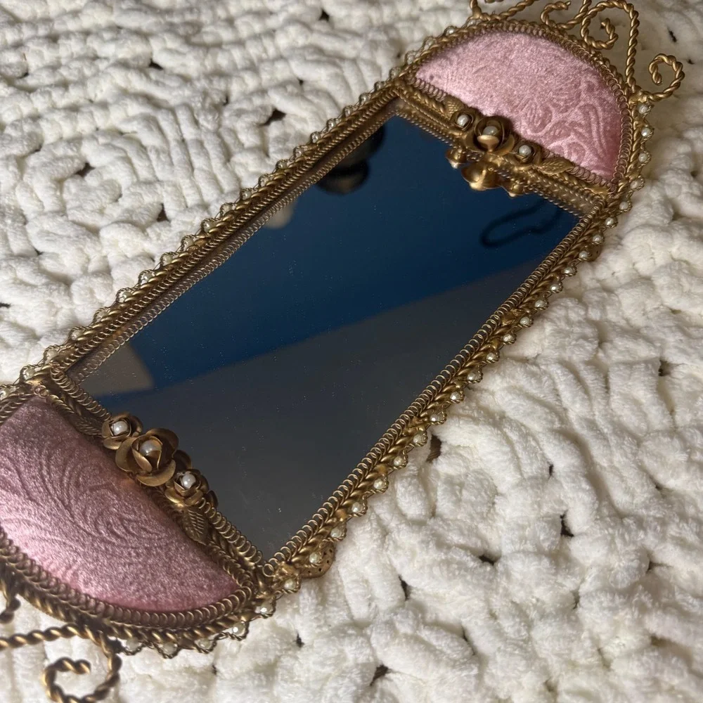 VTG Victorian Pink Brocade Filigree Vanity Tray & Hand Mirror Regency Romantic